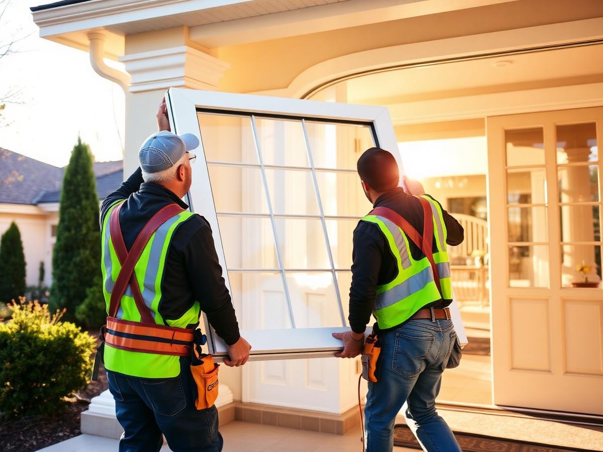 Installers carrying a new window into a home